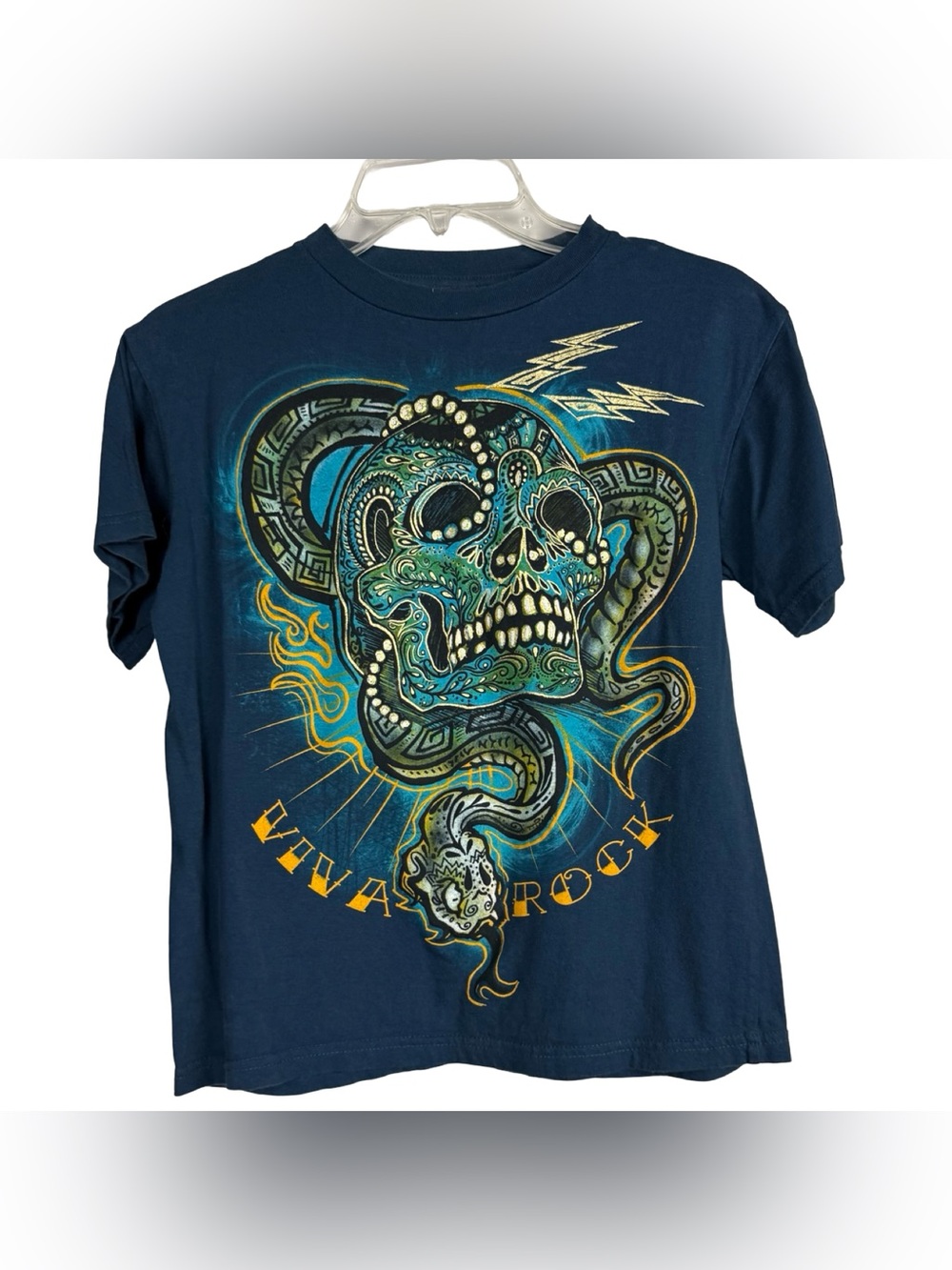 Viva Rock Youth Graphic Tee Size M 10-12 Blue Skull Snake Tattoo Style T-Shirt